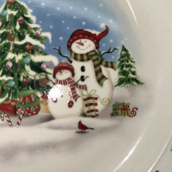 Christmas Snowman Themed Stoneware Individual Plate Red Band Holly EUC - Picture 7 of 8